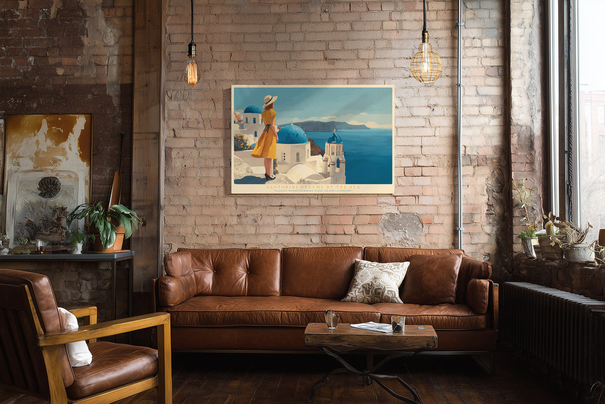 Paul Sinus Wandbild Santorini Dreams by the Sea – Mediterranes Inselmotiv mit Frau im gelben Kleid und Blick über Santorini, Symbol für Freiheit und Leichtigkeit
