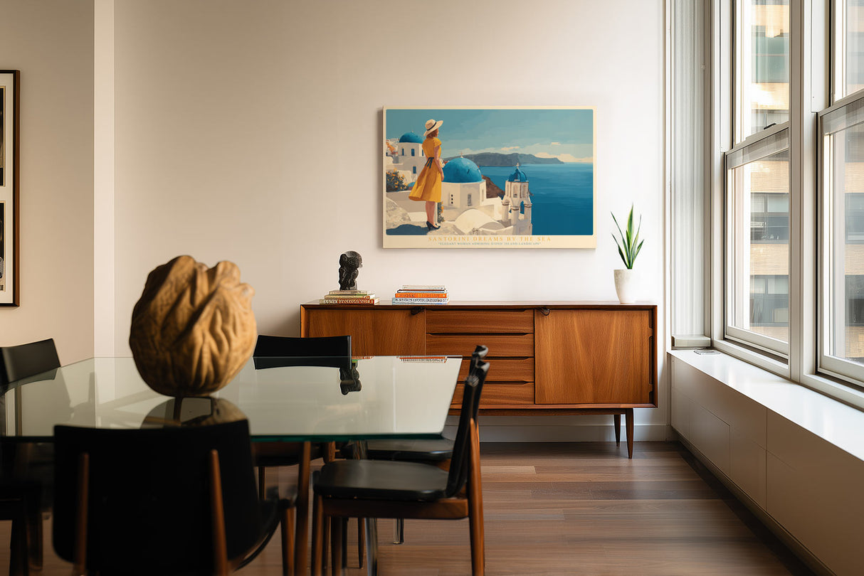 Paul Sinus Wandbild Santorini Dreams by the Sea – Mediterranes Inselmotiv mit Frau im gelben Kleid und Blick über Santorini, Symbol für Freiheit und Leichtigkeit