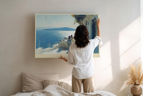Paul Sinus Wandbild 120x80cm Santorini Terrasse Aegaeisches Meer mediterrane Landschaft Kunst Wanddekoration Wohnzimmer Esszimmer