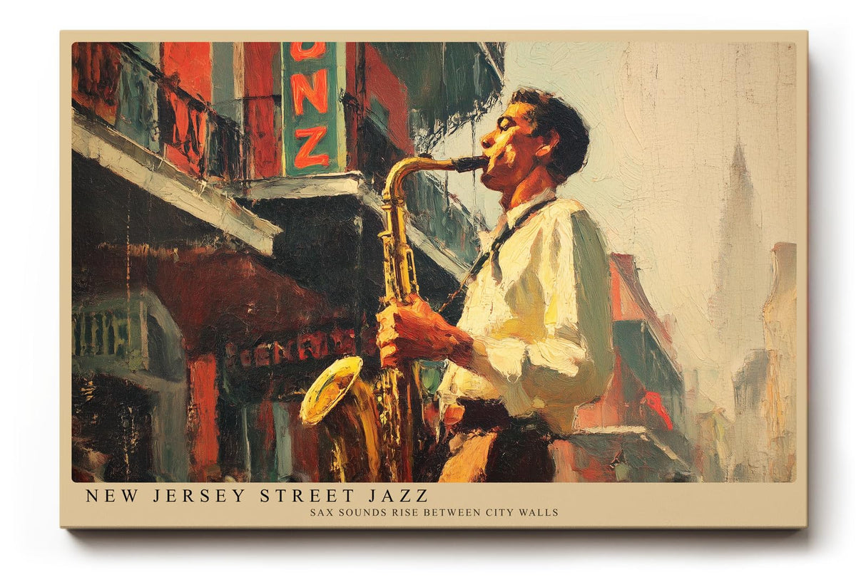 Paul Sinus Wandbild 120x80cm Saxophon Spieler in Stadtstrasse Jazz Musik Kunst Wanddekoration