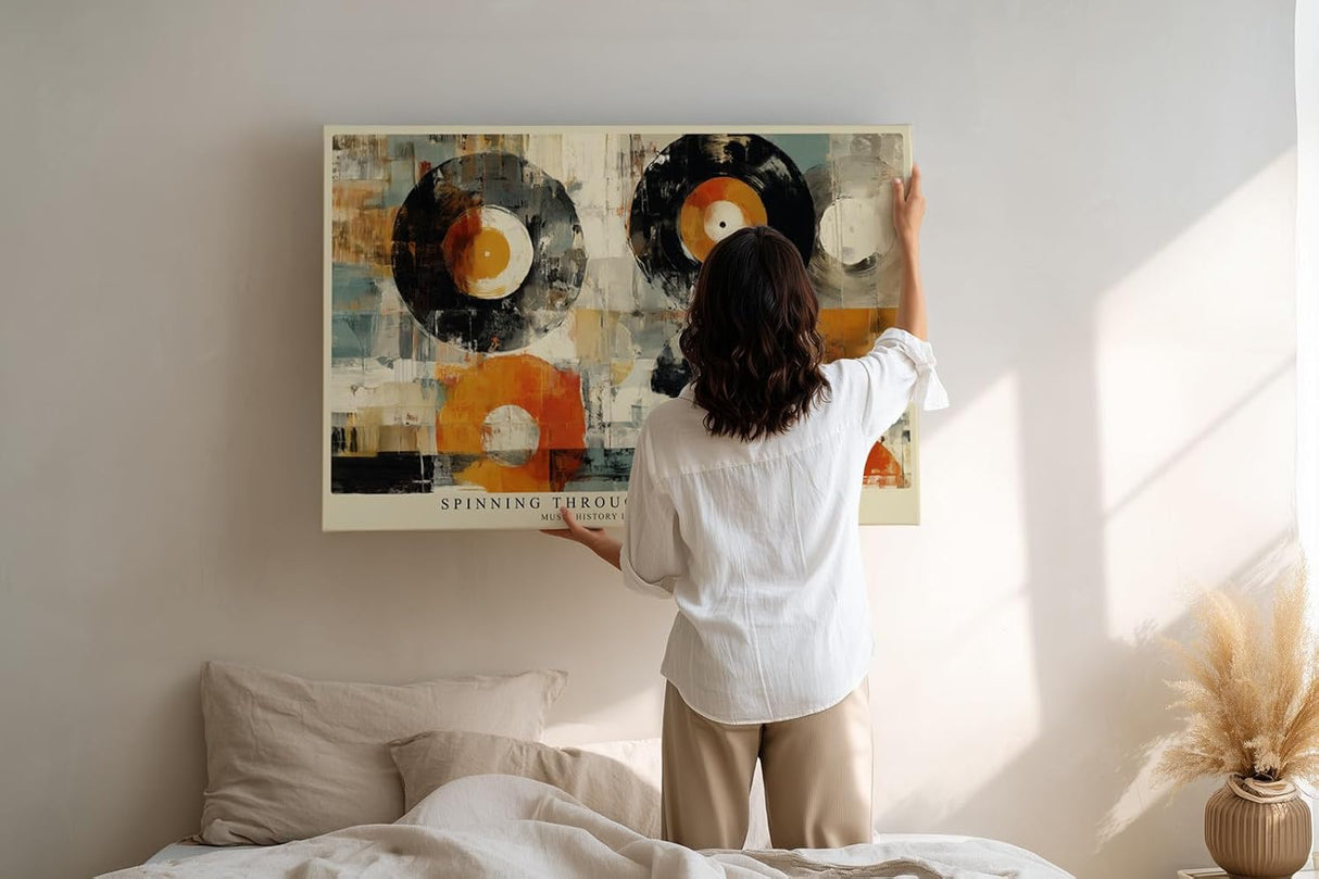 Paul Sinus Wandbild 120x80cm Schallplatten abstrakte Musik Kunst modern orange schwarz Kunstdruck grosses Kunstbild kreative Wanddekoration fuer Wohnzimmer Musikzimmer Büro