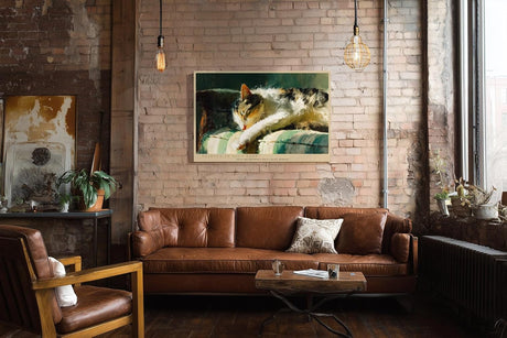 Paul Sinus Wandbild 120x80cm schlafende Katze impressionistische Tiermalerei warmes Licht weiche Pinselstruktur gemuetliche Kunst Wanddekoration fuer Wohnzimmer Büro