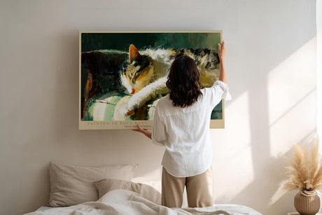 Paul Sinus Wandbild 120x80cm schlafende Katze impressionistische Tiermalerei warmes Licht weiche Pinselstruktur gemuetliche Kunst Wanddekoration fuer Wohnzimmer Büro
