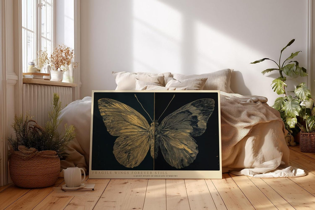 Paul Sinus Wandbild 120x80cm Schmetterling Illustration modern gold schwarz Natur Kunst Kunstdruck grosses Kunstbild elegante Wanddekoration fuer Wohnzimmer Büro