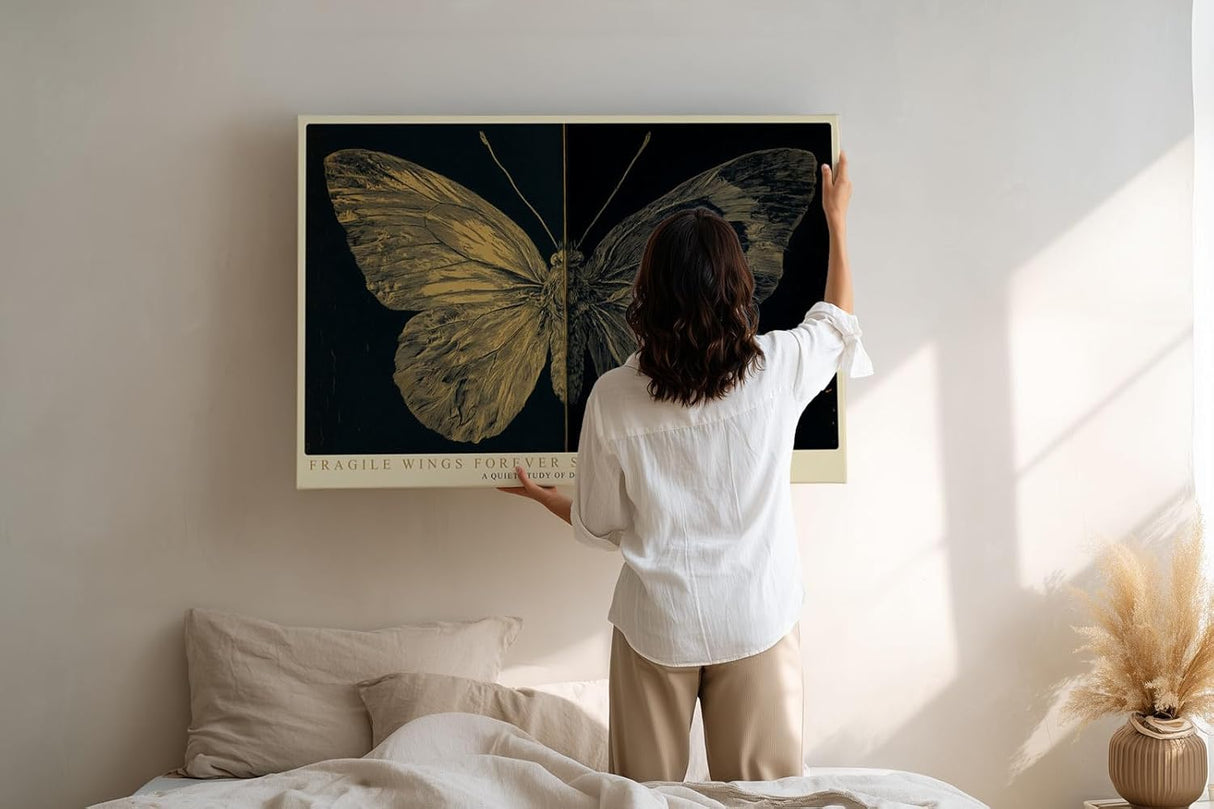 Paul Sinus Wandbild 120x80cm Schmetterling Illustration modern gold schwarz Natur Kunst Kunstdruck grosses Kunstbild elegante Wanddekoration fuer Wohnzimmer Büro