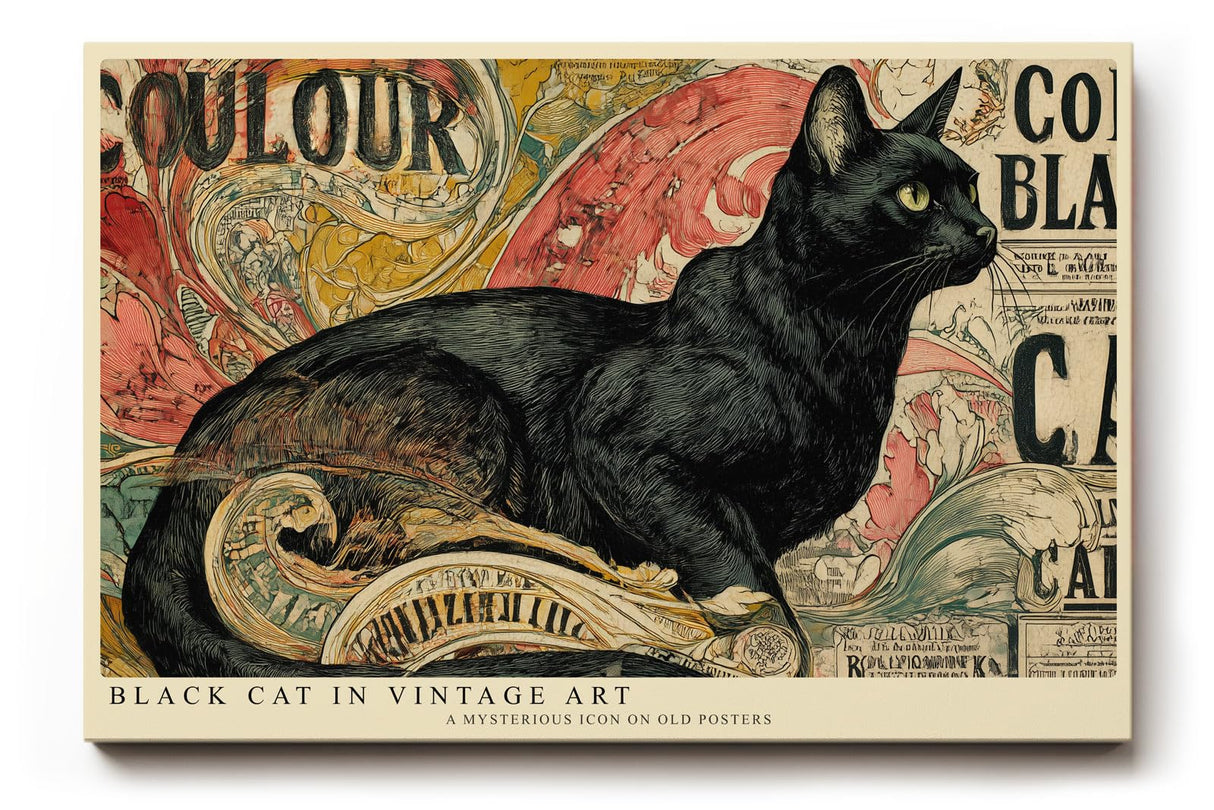 Paul Sinus Wandbild 120x80cm Schwarze Katze im Vintage Stil – Künstlerische Illustration mit dekorativem Retro Hintergrund