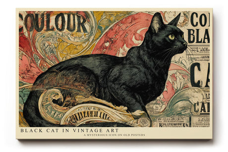 Paul Sinus Wandbild 120x80cm Schwarze Katze im Vintage Stil – Künstlerische Illustration mit dekorativem Retro Hintergrund