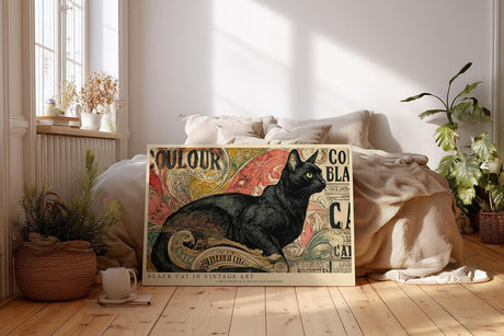Paul Sinus Wandbild 120x80cm Schwarze Katze im Vintage Stil – Künstlerische Illustration mit dekorativem Retro Hintergrund