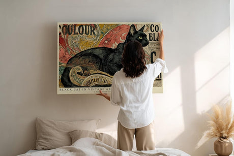 Paul Sinus Wandbild 120x80cm Schwarze Katze im Vintage Stil – Künstlerische Illustration mit dekorativem Retro Hintergrund