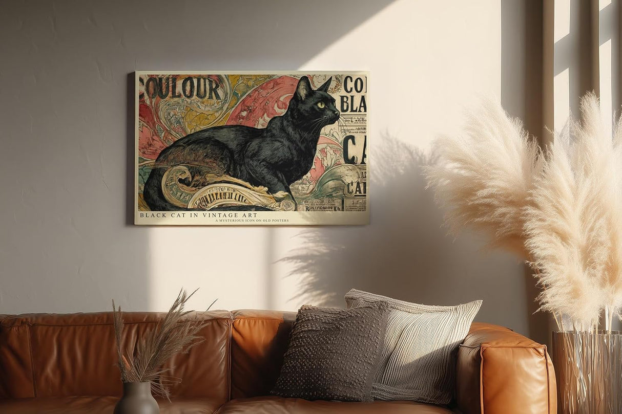 Paul Sinus Wandbild 120x80cm Schwarze Katze im Vintage Stil – Künstlerische Illustration mit dekorativem Retro Hintergrund