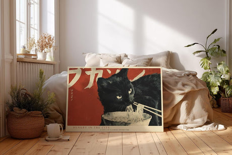 Paul Sinus Wandbild 120x80cm schwarze Katze mit Nudeln japanisches Pop Art Tiermotiv rot schwarz moderne Illustration Wanddekoration fuer Kueche Esszimmer Wohnzimmer