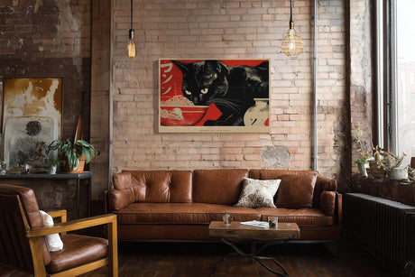 Paul Sinus Wandbild 120x80cm schwarze Katze mit Ramen Schale japanische Pop Art Illustration rot schwarz modernes Tiermotiv Wanddekoration fuer Kueche Esszimmer Wohnzimmer