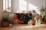 Paul Sinus Wandbild 120x80cm schwarze Katze mit Ramen Schale japanische Pop Art Illustration rot schwarz modernes Tiermotiv Wanddekoration fuer Kueche Esszimmer Wohnzimmer