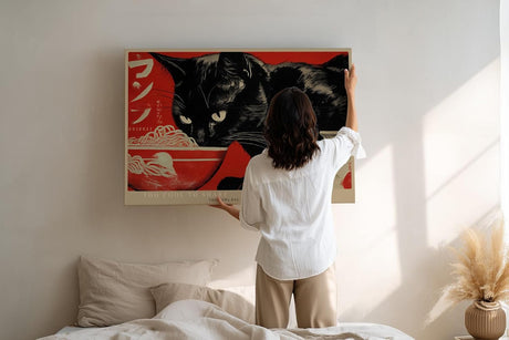 Paul Sinus Wandbild 120x80cm schwarze Katze mit Ramen Schale japanische Pop Art Illustration rot schwarz modernes Tiermotiv Wanddekoration fuer Kueche Esszimmer Wohnzimmer