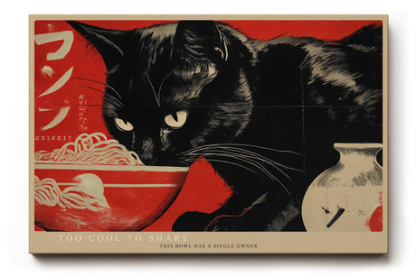 Paul Sinus Wandbild 120x80cm schwarze Katze mit Ramen Schale japanische Pop Art Illustration rot schwarz modernes Tiermotiv Wanddekoration fuer Kueche Esszimmer Wohnzimmer