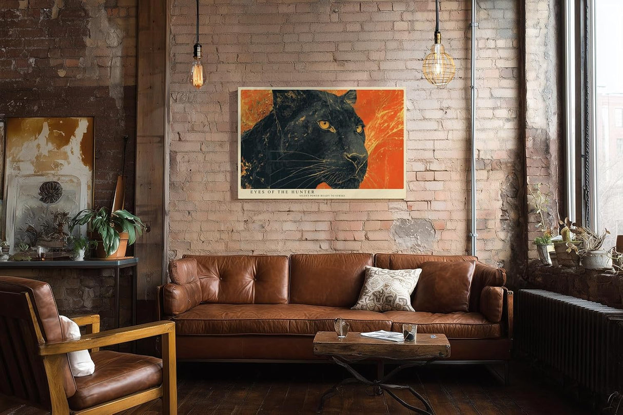 Paul Sinus Wandbild 120x80cm schwarzer Panther Tierportrait wilde Katze orange Hintergrund moderne Tierkunst Wanddekoration fuer Wohnzimmer Büro