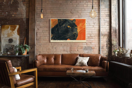 Paul Sinus Wandbild 120x80cm schwarzer Panther Tierportrait wilde Katze orange Hintergrund moderne Tierkunst Wanddekoration fuer Wohnzimmer Büro