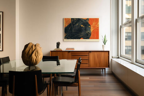 Paul Sinus Wandbild 120x80cm schwarzer Panther Tierportrait wilde Katze orange Hintergrund moderne Tierkunst Wanddekoration fuer Wohnzimmer Büro