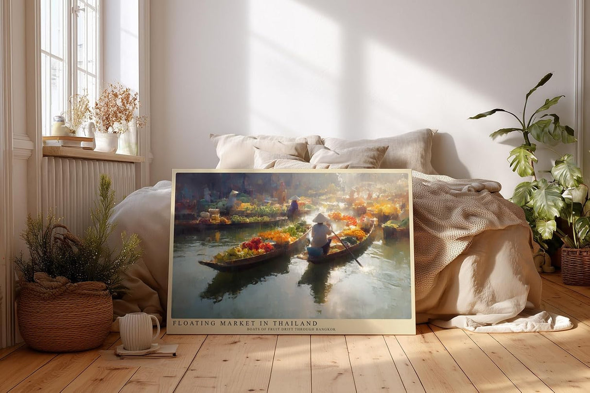 Paul Sinus Wandbild 120x80cm Schwimmender Markt Thailand Asiatische Flusslandschaft mit Booten und bunten Fruechten Atmosphaerische Reise Kunst