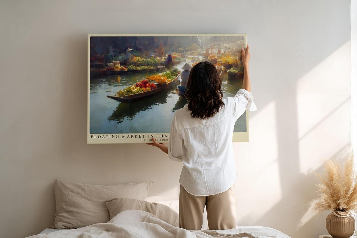 Paul Sinus Wandbild 120x80cm Schwimmender Markt Thailand Asiatische Flusslandschaft mit Booten und bunten Fruechten Atmosphaerische Reise Kunst