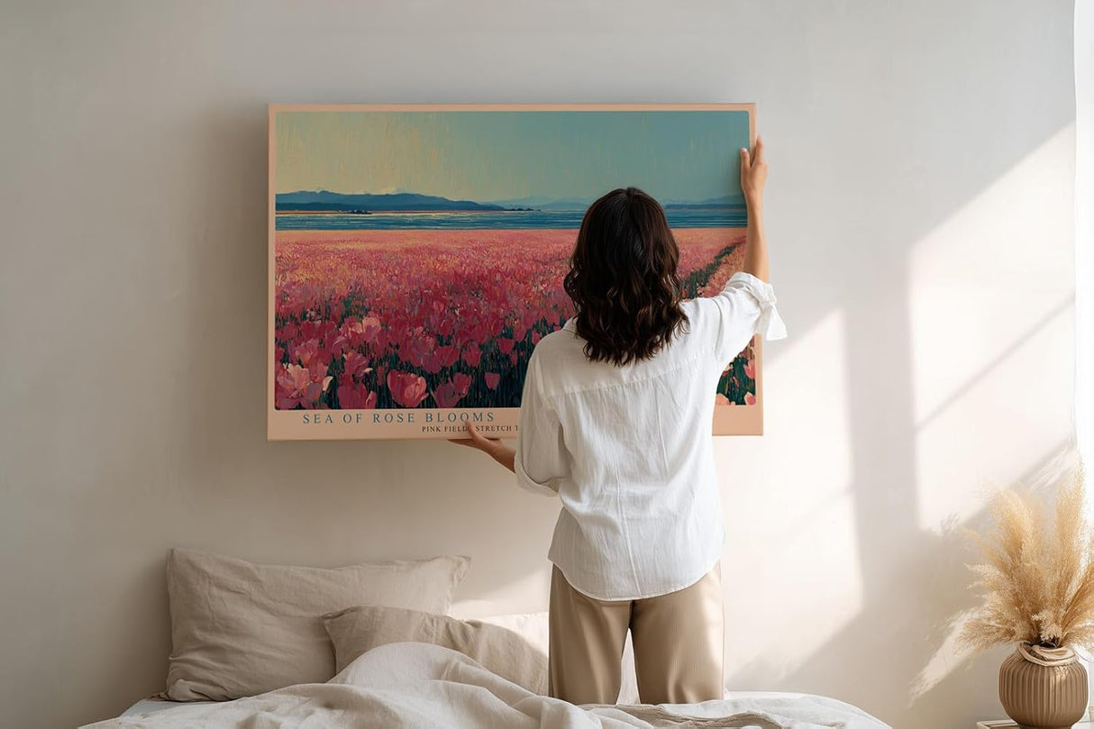 Paul Sinus Wandbild 120x80cm Sea of Rose Blooms rosa Blumenfeld Landschaft moderne Natur Kunst Poster für Wohnzimmer Schlafzimmer Büro