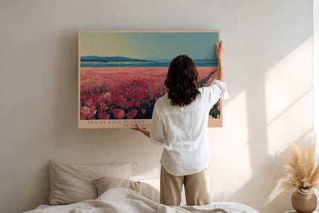 Paul Sinus Wandbild 120x80cm Sea of Rose Blooms rosa Blumenfeld Landschaft moderne Natur Kunst Poster für Wohnzimmer Schlafzimmer Büro