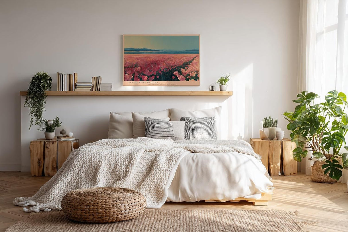 Paul Sinus Wandbild 120x80cm Sea of Rose Blooms rosa Blumenfeld Landschaft moderne Natur Kunst Poster für Wohnzimmer Schlafzimmer Büro