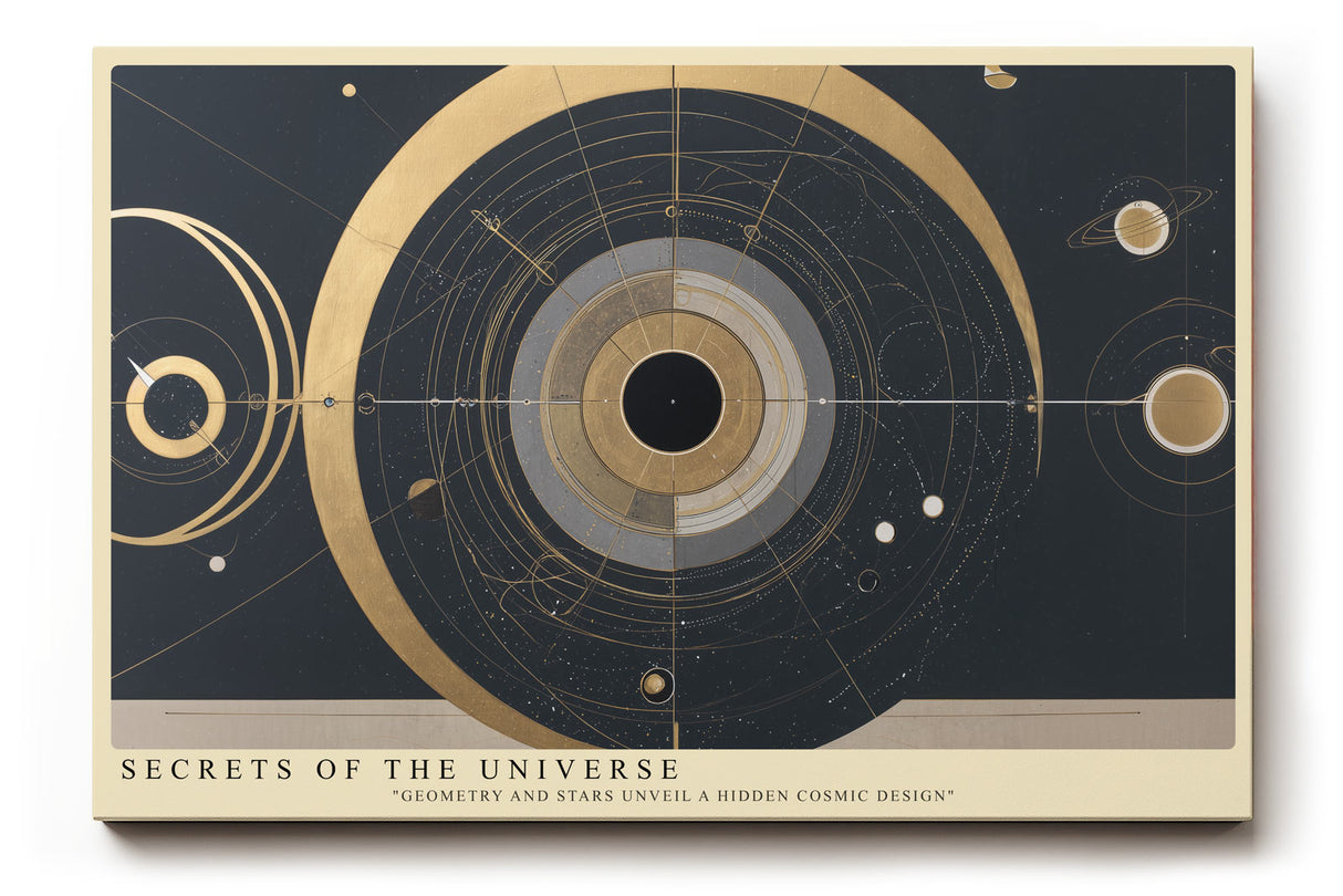 Paul Sinus Wandbild Secrets of the Universe Abstraktes Kunstwerk in Gold und Dunkelblau, das kosmische Geometrie und Planetenbewegungen vereint.