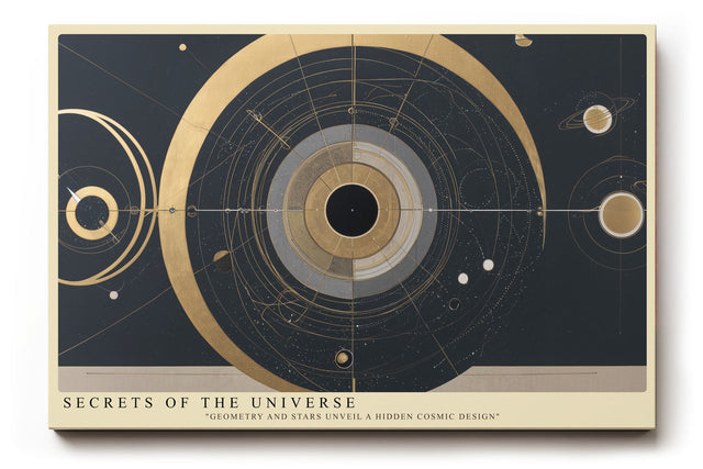 Paul Sinus Wandbild Secrets of the Universe Abstraktes Kunstwerk in Gold und Dunkelblau, das kosmische Geometrie und Planetenbewegungen vereint.