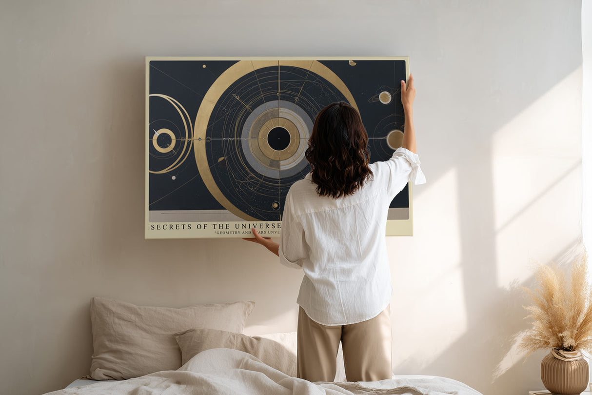 Paul Sinus Wandbild Secrets of the Universe Abstraktes Kunstwerk in Gold und Dunkelblau, das kosmische Geometrie und Planetenbewegungen vereint.