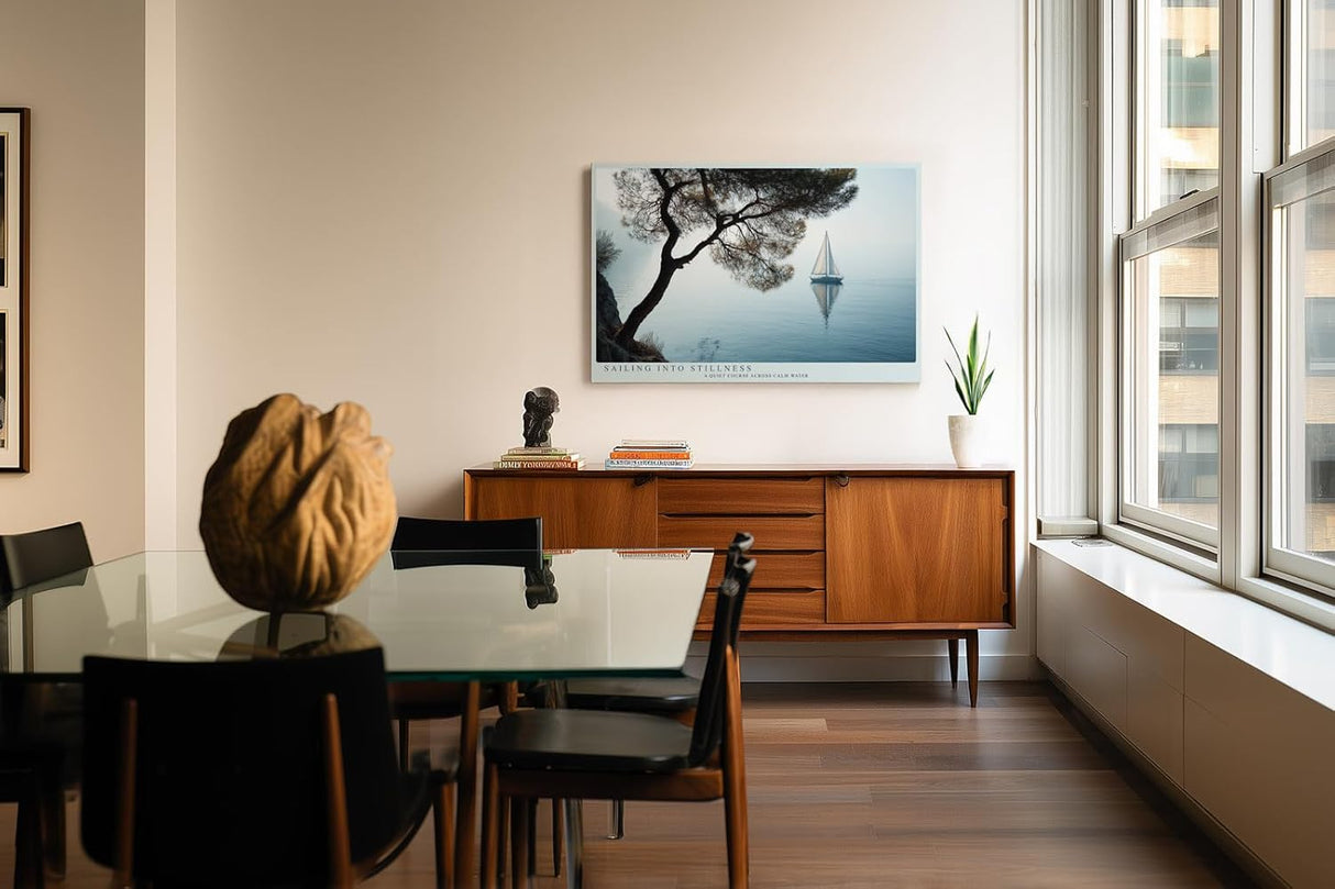 Paul Sinus Wandbild 120x80cm Segelboot auf ruhigem See minimalistische Landschaft blau grau maritimes Kunstmotiv moderne Wanddekoration fuer Wohnzimmer Büro