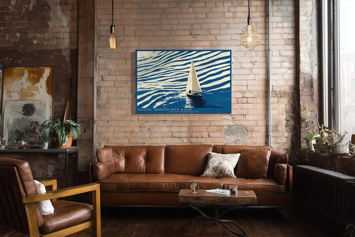 Paul Sinus Wandbild 120x80cm Segelboot Illustration modernes Meer Motiv blau beige minimalistische Ozean Kunst Segelyacht Bild stilvolle