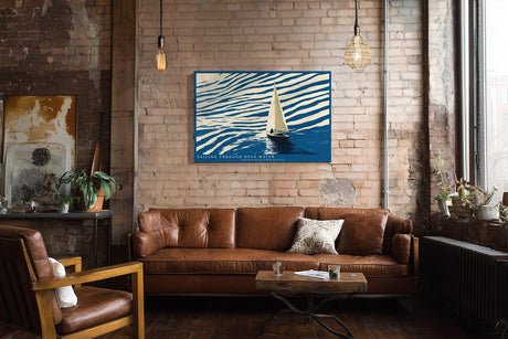 Paul Sinus Wandbild 120x80cm Segelboot Illustration modernes Meer Motiv blau beige minimalistische Ozean Kunst Segelyacht Bild stilvolle