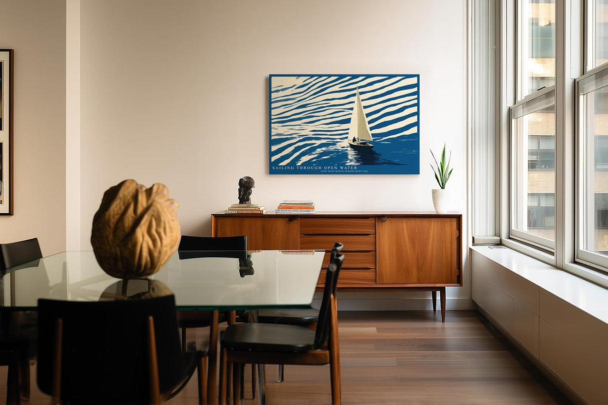 Paul Sinus Wandbild 120x80cm Segelboot Illustration modernes Meer Motiv blau beige minimalistische Ozean Kunst Segelyacht Bild stilvolle