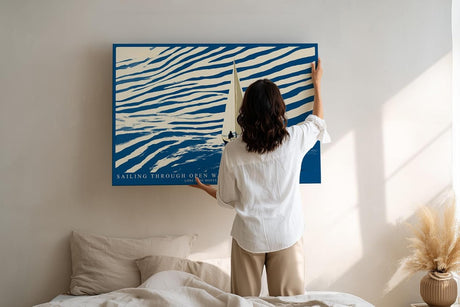 Paul Sinus Wandbild 120x80cm Segelboot Illustration modernes Meer Motiv blau beige minimalistische Ozean Kunst Segelyacht Bild stilvolle