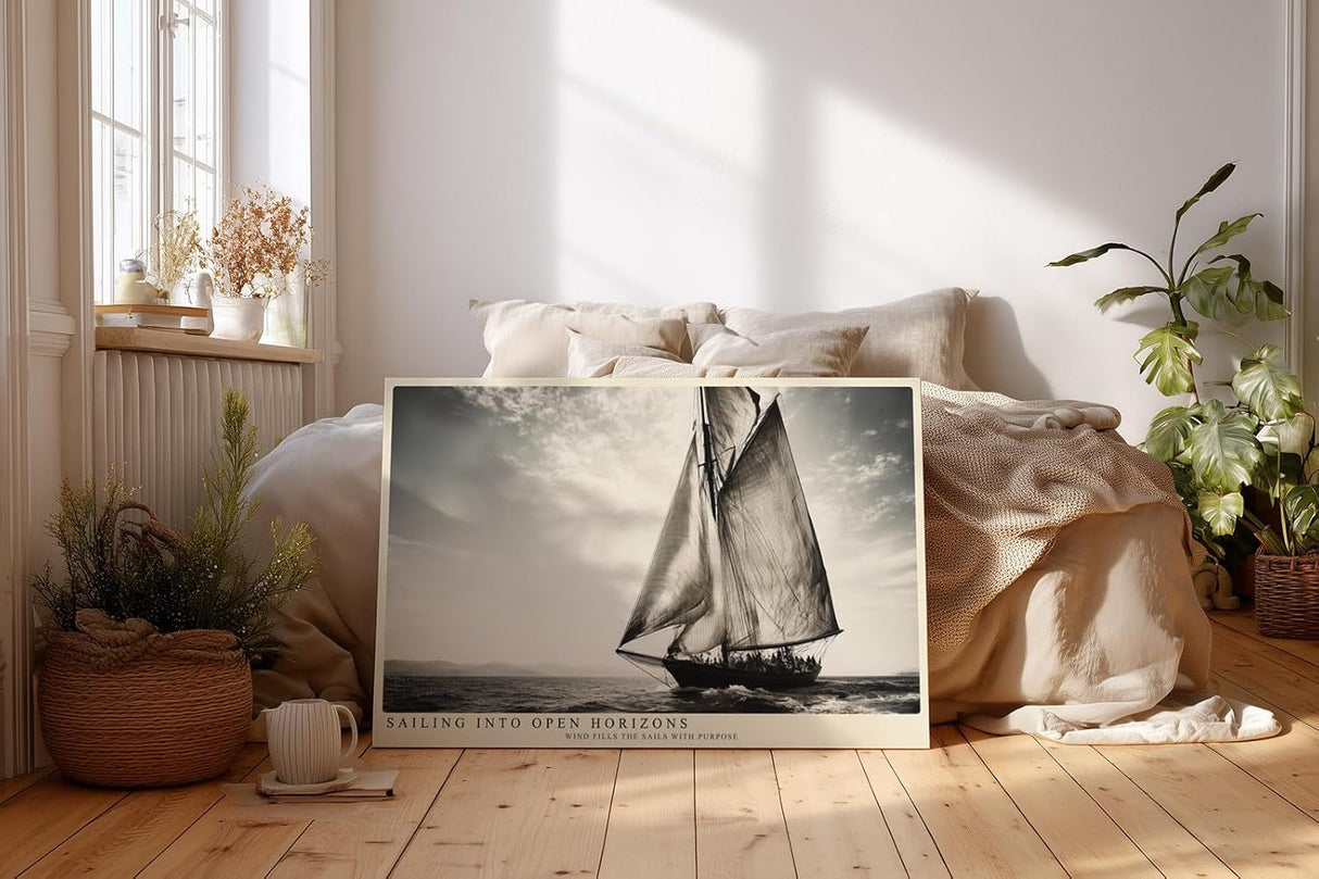 Paul Sinus Wandbild 120x80cm Segelboot Meer Fotokunst schwarz weiss maritime Kunst Kunstdruck grosses Kunstbild elegante Wanddekoration fuer Wohnzimmer Büro