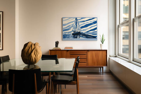 Paul Sinus Wandbild 120x80cm Segelboot Meer minimalistische maritime Illustration blau weiß moderne Seefahrt Kunst stilvolle