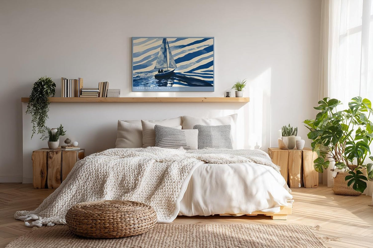 Paul Sinus Wandbild 120x80cm Segelboot Meer minimalistische maritime Illustration blau weiß moderne Seefahrt Kunst stilvolle