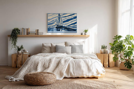 Paul Sinus Wandbild 120x80cm Segelboot Meer minimalistische maritime Illustration blau weiß moderne Seefahrt Kunst stilvolle