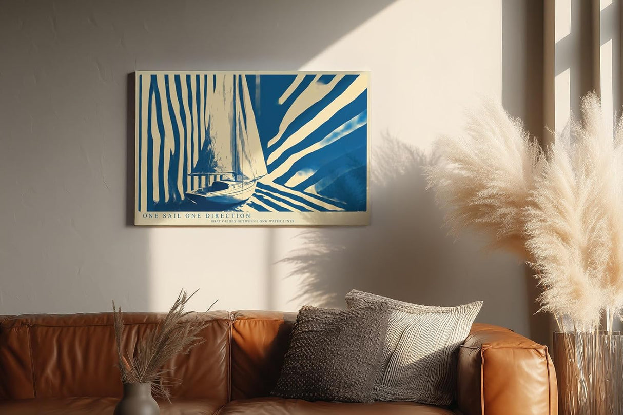 Paul Sinus Wandbild 120x80cm Segelboot moderne Illustration blau beige grafisches Meer Motiv minimalistisches Segelyacht Kunstbild stilvolle