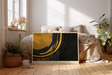Paul Sinus Wandbild Shadows and Golden Paths – Abstrakte Goldkreise auf dunklem Grund