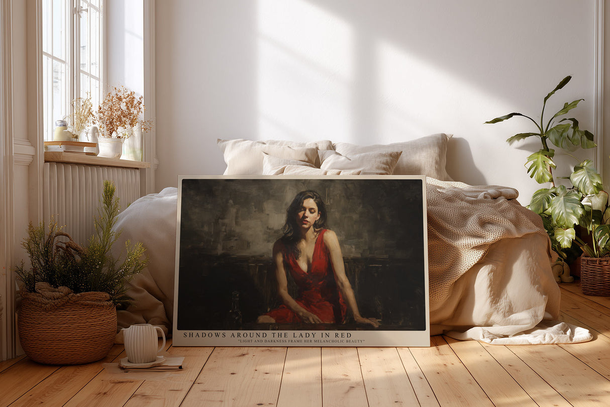 Paul Sinus Wandbild Shadows Around the Lady in Red ausdrucksstarkes Porträt einer Frau in Rot mit emotionaler Tiefe
