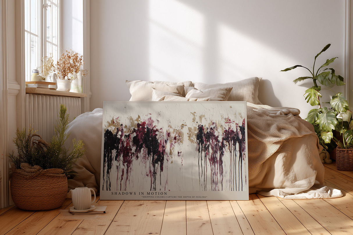Paul Sinus Wandbild Shadows in Motion – abstraktes Kunstwerk mit fließenden Farbspuren in Rot, Beige und Schwarz, das emotionale Tiefe vermittelt