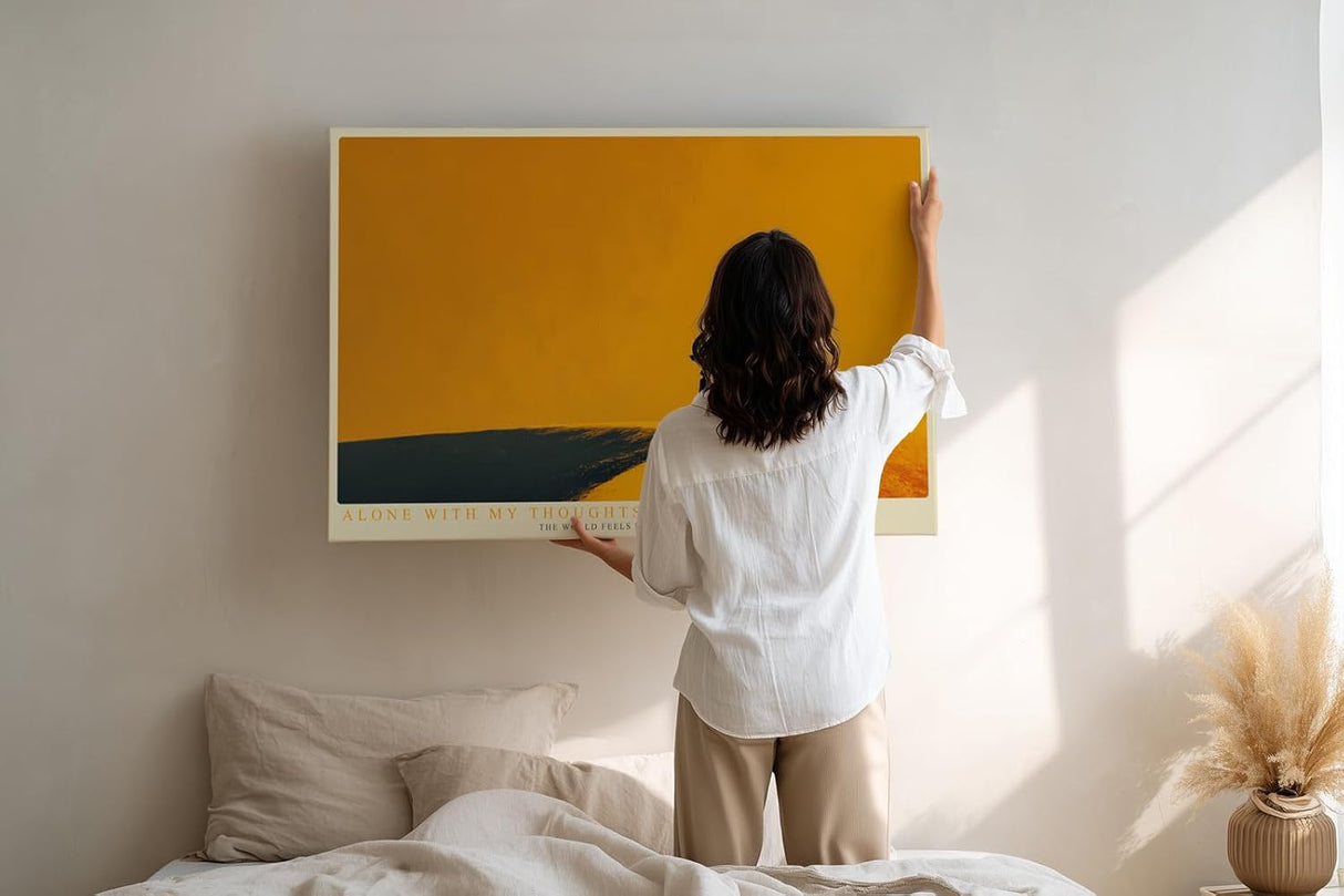 Paul Sinus Wandbild 120x80cm Silhouette Frau mit Regenschirm minimalistische Landschaft goldene Atmosphäre ruhige Kunst moderne