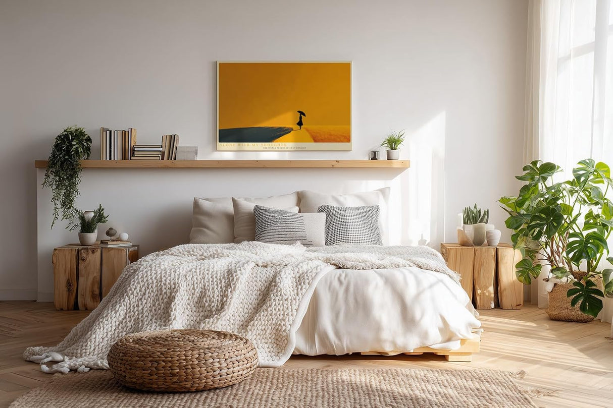 Paul Sinus Wandbild 120x80cm Silhouette Frau mit Regenschirm minimalistische Landschaft goldene Atmosphäre ruhige Kunst moderne