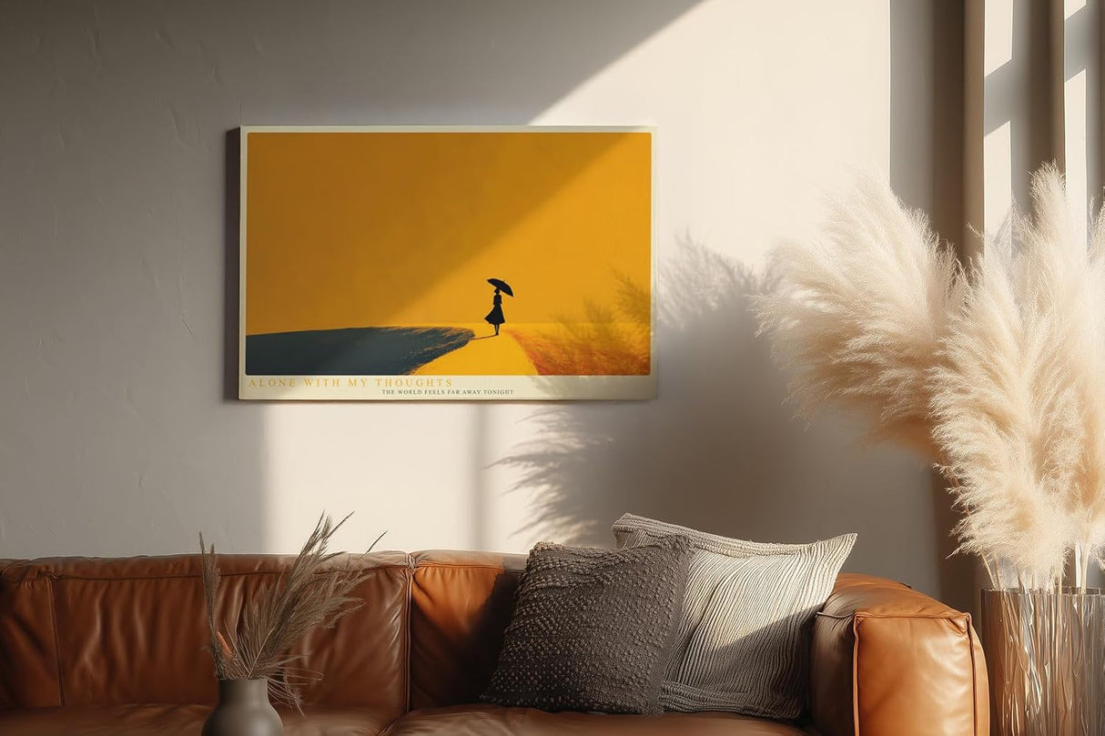 Paul Sinus Wandbild 120x80cm Silhouette Frau mit Regenschirm minimalistische Landschaft goldene Atmosphäre ruhige Kunst moderne