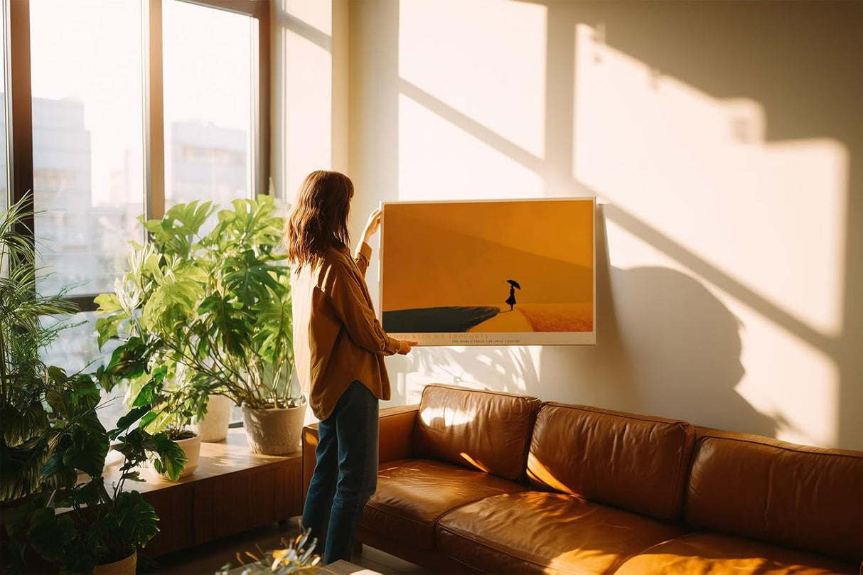 Paul Sinus Wandbild 120x80cm Silhouette Frau mit Regenschirm minimalistische Landschaft goldene Atmosphäre ruhige Kunst moderne