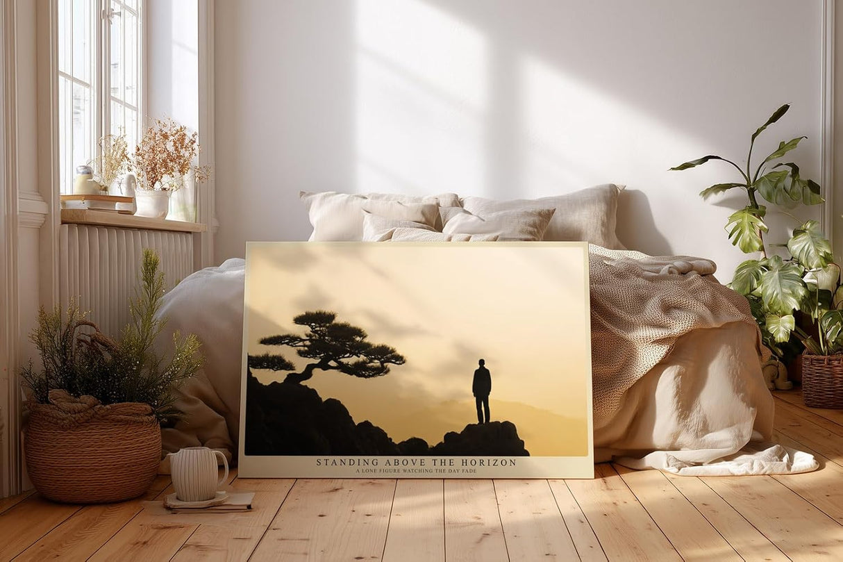 Paul Sinus Wandbild 120x80cm Silhouette Mensch auf Berg bei Sonnenuntergang ruhige Landschaft Kunst in warmen Goldtönen modernes Naturbild für Wohnzimmer Büro