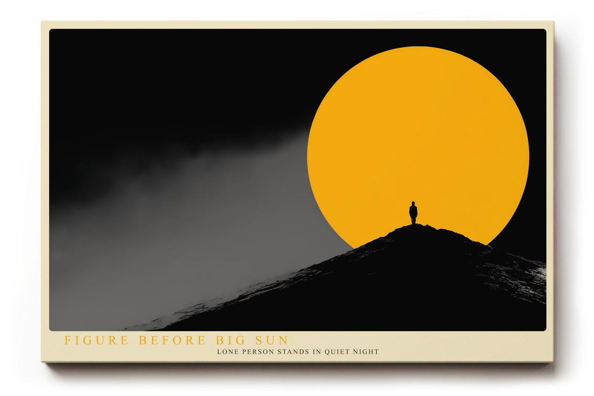 Paul Sinus Wandbild 120x80cm Silhouette Person vor Sonne minimalistische Landschaft moderne Kunst gelber Kreis Kunstdruck stilvolle Wanddekoration fuer Wohnzimmer Büro