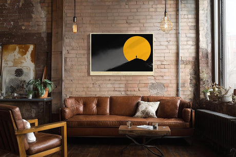 Paul Sinus Wandbild 120x80cm Silhouette Person vor Sonne minimalistische Landschaft moderne Kunst gelber Kreis Kunstdruck stilvolle Wanddekoration fuer Wohnzimmer Büro